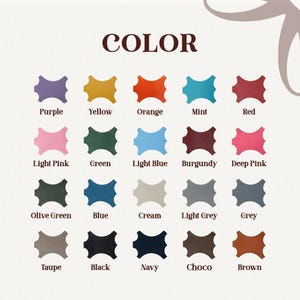a collection of color swatches representing various shades of purple, yellow, orange, mint, red, light pink, green, light blue, burgundy, deep pink, olive green, blue, cream, light grey, grey, taupe, black, navy, and chocolate.