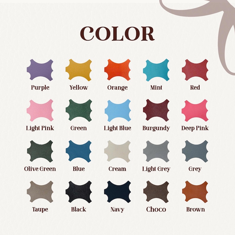 a collection of color swatches representing various shades of purple, yellow, orange, mint, red, light pink, green, light blue, burgundy, deep pink, olive green, blue, cream, light grey, grey, taupe, black, navy, and chocolate.