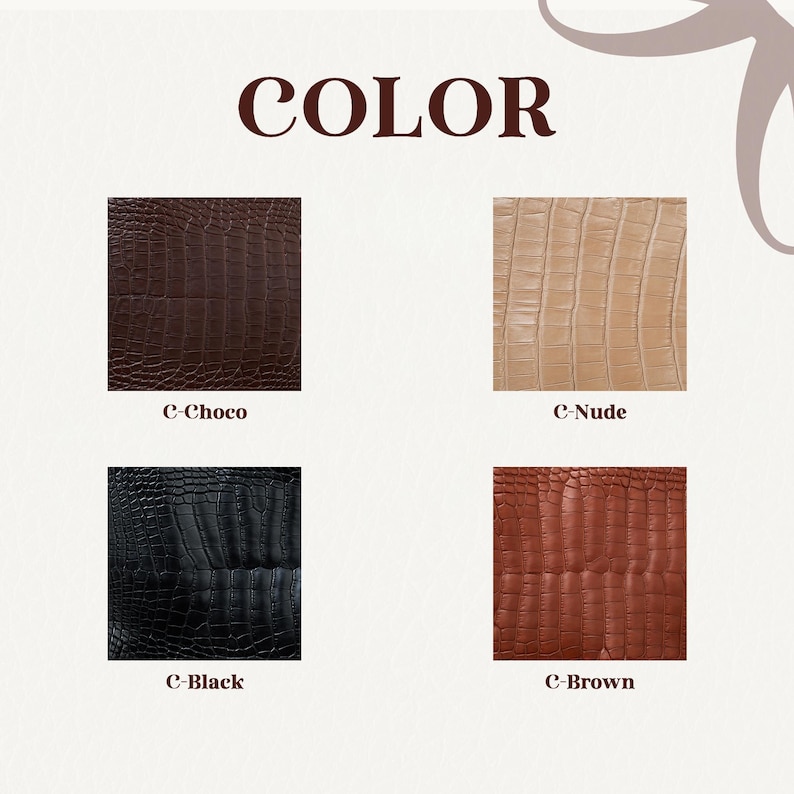 four different leather textures, each labeled with a color: C-Choco, C-Nude, C-Black, and C-Brown.