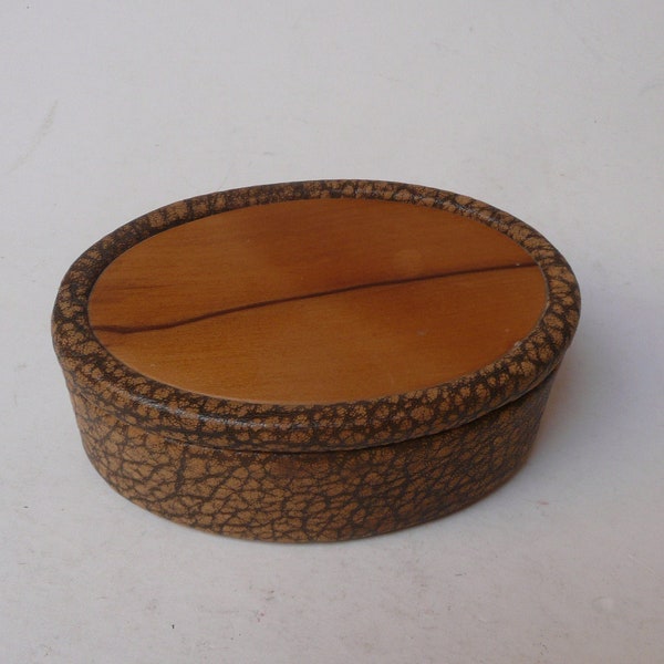 Tasmanian Vintage Handmade Oval Leather Suede and Wood  box Handcrafted in Tasmania Maker's Mark