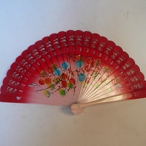 Charming Vintage Japanese Folding Hand Fan Hand Painted with Floral Pattern from 1960s