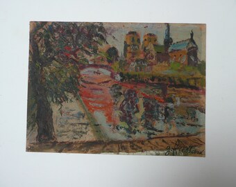 1940's oil on board painting of Notre Dame from the Left Bank / looking towards the Pont au Doubleé by George Fressard