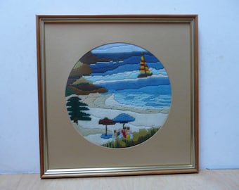 Beautiful vintage Long Stich Embroidery Seaside in Summer Framed and Glazed with Non-reflective Glass