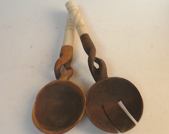 Unusual Tribal Vintage Pair of Hand carved Horn and Wood Cutlery of Spoon and Fork
