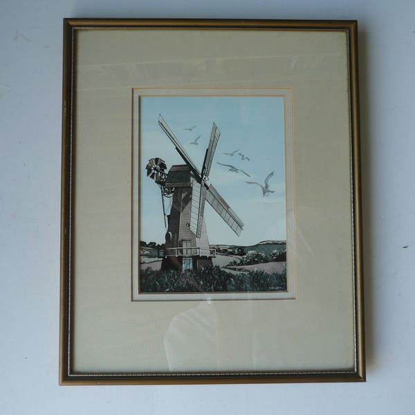 Framed Vintage Original Scraperboard or Sratchboard technique by G Collett Old Windmill