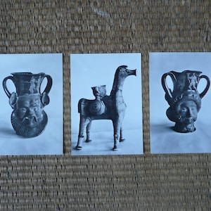 3 stare, puste, czarno-białe, błyszczące karty A. Pachos Rhodes z artefaktami z Muzeum Rodos, sierpień 1969 r.
