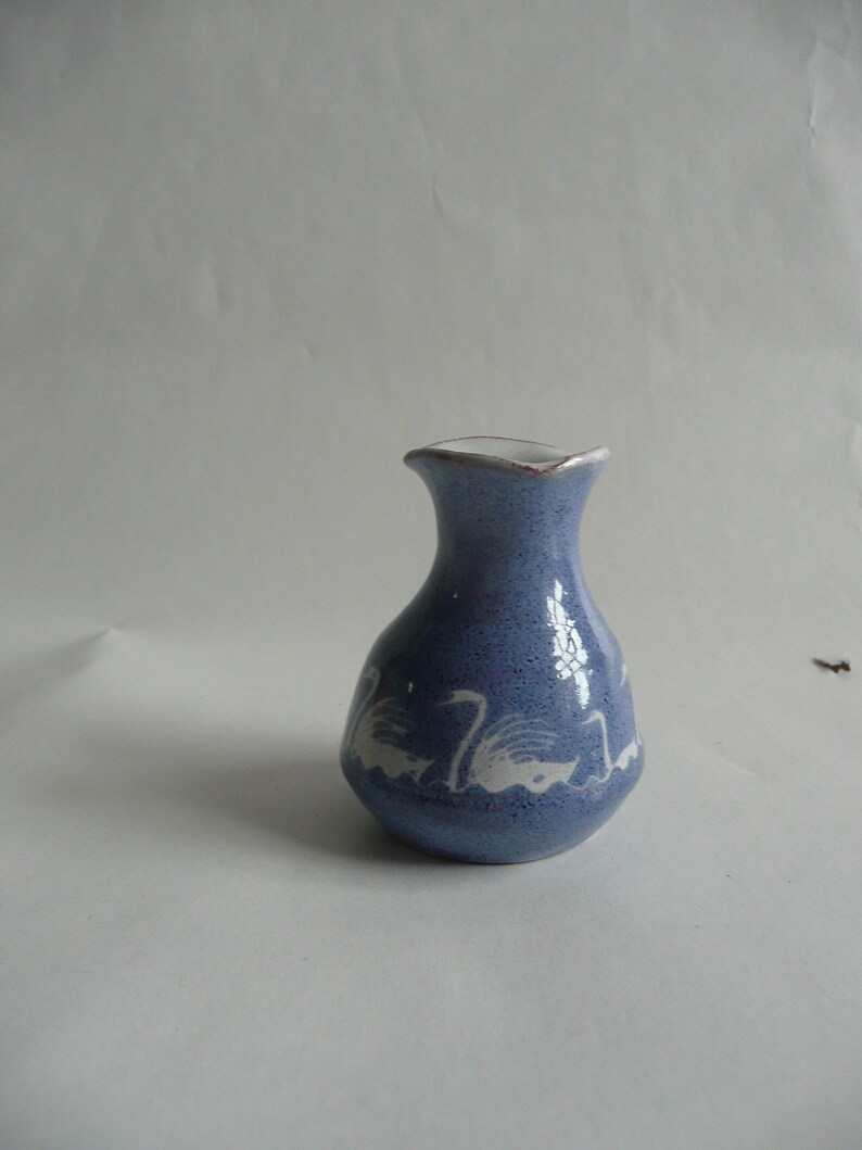 UK vase in royal blue featuring white swans Lovely Miniature Jill Pryke JP Pottery Studio England