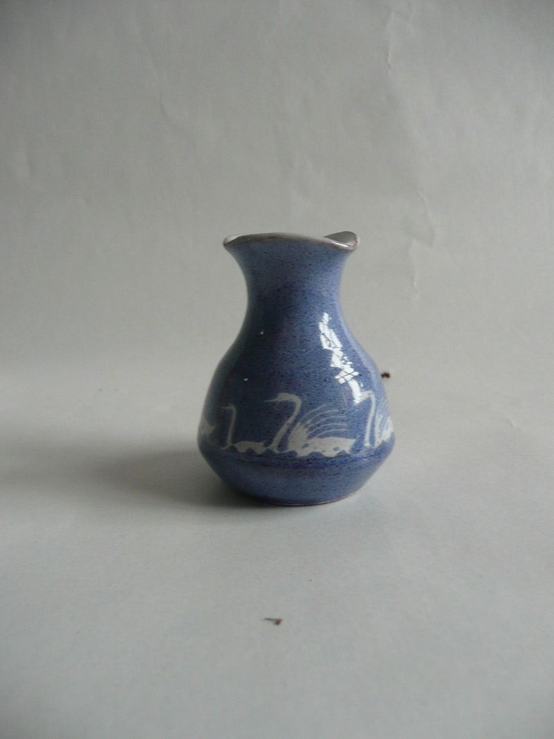 UK vase in royal blue featuring white swans Lovely Miniature Jill Pryke JP Pottery Studio England