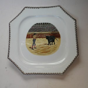 Very Rare Vintage Retro Pottery ceramic Pickman SA Sevilla Octagon Shaped plate featuring Bull and Corrida