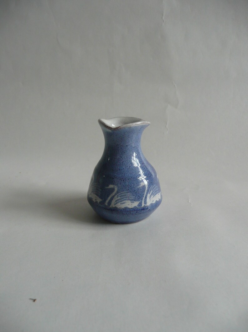 UK vase in royal blue featuring white swans Lovely Miniature Jill Pryke JP Pottery Studio England