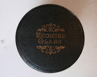 Antique Vintage Black Leather Round box Medicine Glass Impressed and decorated