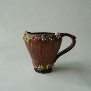 Beautiful Retro 1950s Italian Art Pottery Jug Terracotta Wood Effect Glaze with Coloured Applied 3D Iced Gem Flowers