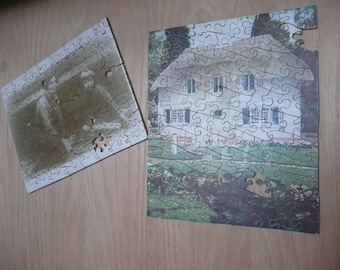 Pair of British Vintage Bespoke Wooden Wood Jigsaw Puzzles with Old Photos