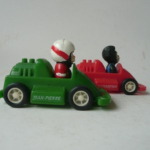 Mid century Vintage adorable Pair of Collectible PG Tips tea Racing cars with Jean Pierre and Samantha Chimps