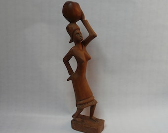 Vintage African Mahogany Wood hand carved Female Marked JJ