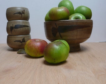 Vintage Retro British Studio Pottery Set von einem Steinzeug Große Schale mit 3 kleineren Schüsseln