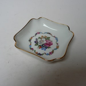 Delightful Vintage France  Limoges Porcelaine De Luxe Square Floral pin dish dressing table with Golden Rim