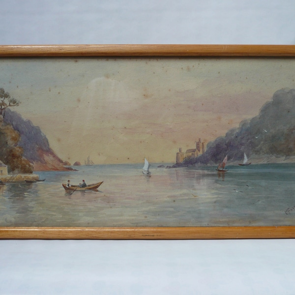 Vintage British Marine Watercolours Coastal Landscape entrance into Fowey Harbour by M Fowell Signed Framed Glazed
