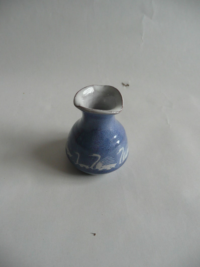 UK vase in royal blue featuring white swans Lovely Miniature Jill Pryke JP Pottery Studio England