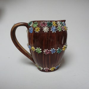 Retro 1950s Italian Art Pottery Jug Terracotta Wood Effect Glaze with Coloured Applied 3D Iced Gem Flowers