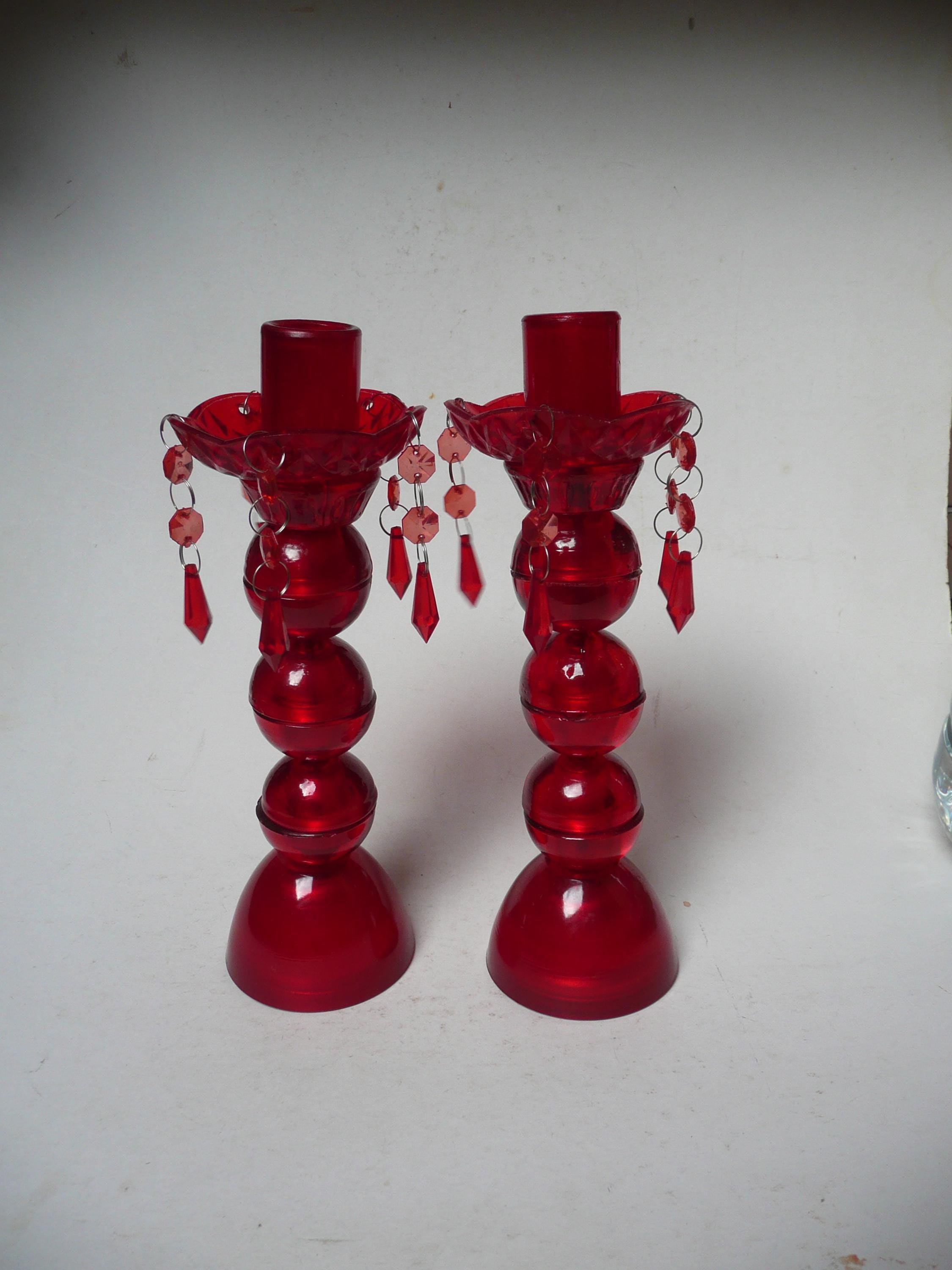 Delightful and Extravagant Vintage Pair of Pressed Glass and Plastic Candle Holders in Deep Red