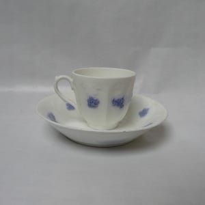 Może przedstawiać: Zestaw filiżanki i spodeczka z białej porcelany z niebieskim wzorem kwiatowym. Filiżanka ma uchwyt, a spodeczek jest okrągły.