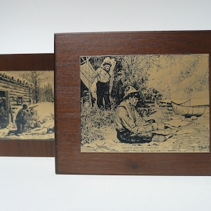 Set of 2 vintage Canadian Duraplaque prints/etchings on Metal mounted on wood