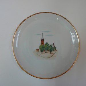 Vintage Hand Painted porcelain plate of Kirken Grenaa or Grenaa Protestant Church in Denmark signed I.R.
