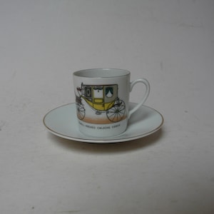 Vintage 1960 Italian Porcelain Verbano of Laveno Espresso Coffee Cup and Saucer Marked Featuring Caleche Coach