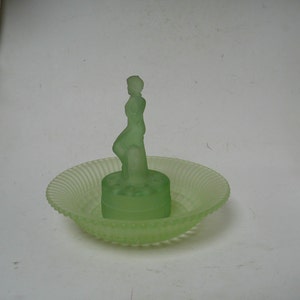 Vintage Sowerby Flora Collectible Art Deco frosted Green glass table 2 piece centrepiece with maiden figure