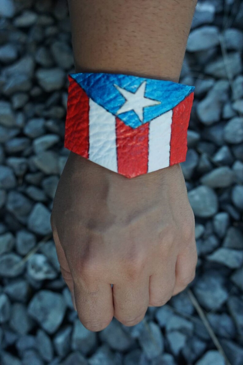 Puerto Rican Flag Handmade Painted Leather Bracelet Unisex Etsy