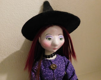 Ooak Art Cloth and Paper Clay Witch Doll with her Felted Cat Familiar.