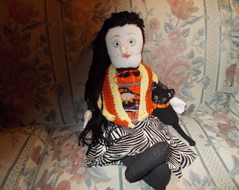 Folk Country Witch with Black Cat...Ooak Doll