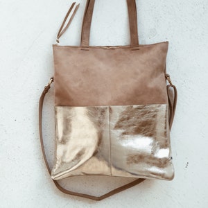 Leder Shopper, Tasche, Tote Bag, Handtasche, Ledertasche, Schultertasche, Umhängetasche m Reißverschluss, Fair, Handgefertigt, Braun/Gold