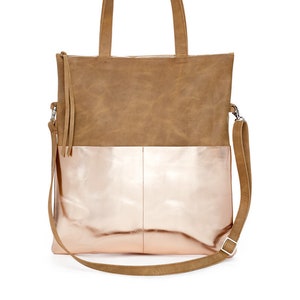 Leder Shopper, Tasche, Tote Bag, Handtasche, Ledertasche, Schultertasche, Umhängetasche m Reißverschluss, Fair, Handgefertigt, Braun/Kupfer