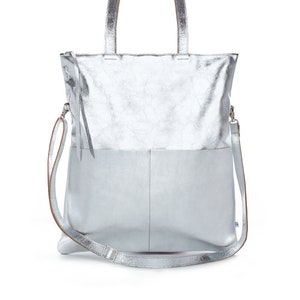Silber Ledertasche, Leder Shopper, Tasche, Tote Bag, Handtasche, Schultertasche, Umhängetasche Reißverschluss, Fair, Handgefertigt, Shopper