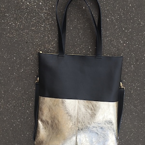 Schwarz / Gold, Ledertasche, Leder Shopper, Tasche, Tote Bag, Handtasche, Schultertasche, Umhängetasche Reißverschluss, Fair, Handgefertigt