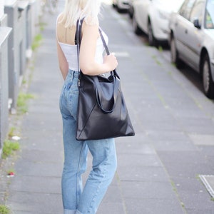 Leder Shopper, Tasche, Tote Bag, Handtasche, Ledertasche, Schultertasche, Umhängetasche m Reißverschluss, Fair, Handgefertigt,  Schwarz