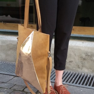Leder Shopper, Tasche, Tote Bag, Handtasche, Ledertasche, Schultertasche, Umhängetasche m Reißverschluss, Fair, Handgefertigt,Braun / Kupfer