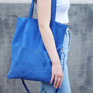 Blaue Ledertasche, Leder Shopper, Tasche, Tote Bag, Handtasche, Schultertasche, Umhängetasche Reißverschluss, Fair, Handgefertigt, Blau