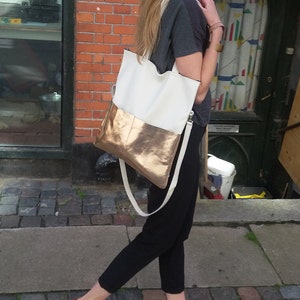 Kupfer / Weiß Ledertasche, Leder Shopper, Tasche, Tote Bag, Handtasche, Schultertasche, Umhängetasche Reißverschluss, Fair, Handgefertigt