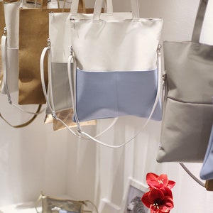 Cremeweiss, Hellblau, Ledertasche, Leder Shopper, Tasche, Tote Bag, Handtasche, Schultertasche, Umhängetasche Reißverschluss, Handgefertigt