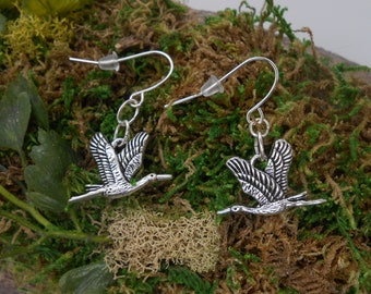 Crane Earrings, Silver Bird Earrings, Crane Jewelry, Crane Dangles, Sandhill Crane Jewelry, Crane Bird Jewelry, Crane Lover Gift