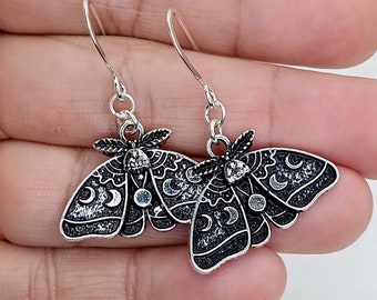 Luna Moth Earrings, Moth Earrings,  Moth Dangles, Silver Moth Jewelry, Moon Moth Earrings, Moon Phase Moth Earrings, Luna Moth Gift