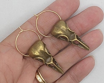 Gold Raven Skull Hoop Earrings: Goth Bird Jewelry