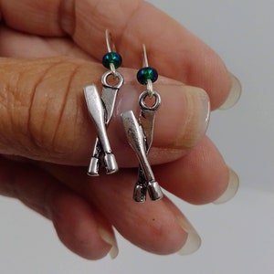 Pewter Paddle Earrings: Rowing Oar Jewelry with Sea Green Bead