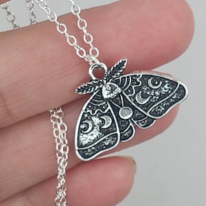 Luna Moth Necklace, Moon Phase Moth Pendant,  Luna Moth Pendant, Silver Moth Necklace, Moon Phase Moth Necklace, Moth Moon Necklace