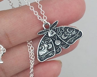 Luna Moth Necklace: Moon Phase Pendant, Silver Plate Chain