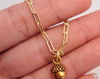 Gold Acorn Necklace, Acorn Necklace, Gold Acorn Necklace with Rectangle Link Chain, Fall Acorn Necklace, Fall Acorn Charm Necklace