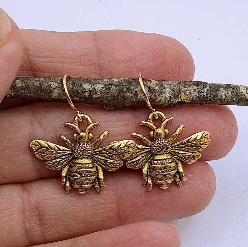 Gold Bee Earrings, Gold Honeybee Earrings, Honey Bee Dangles, Realistic Gold Bee Dangles, Minimalist Bee Earrings image 2